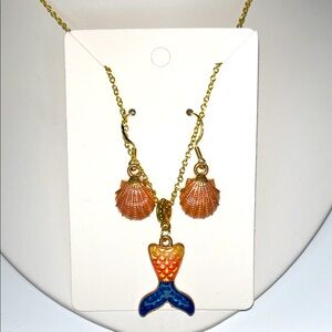 Handmade Colorful Enamel Mermaid Tail Necklace & Seashell Earrings Set Boho